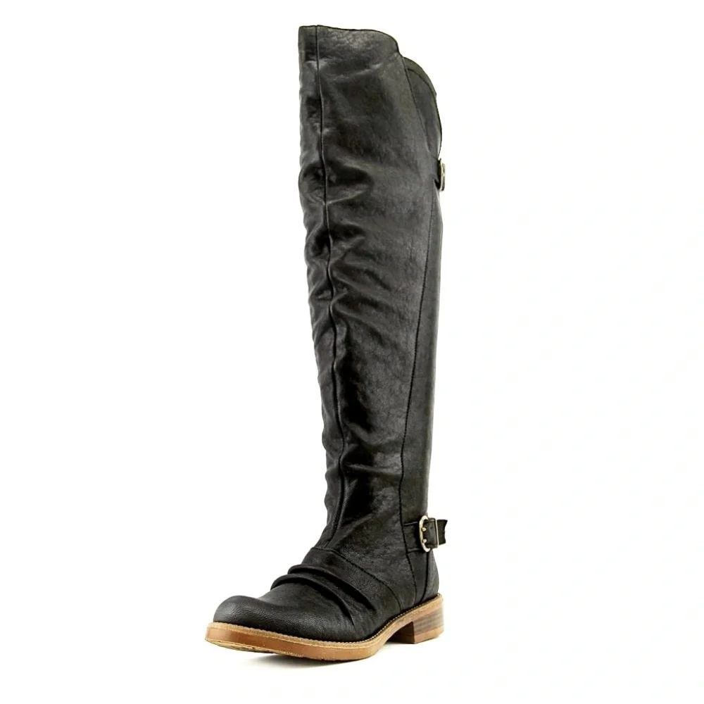 Kensie Women's Stella Black Leather Riding Motorcycle Over Knee High Boots 6.5